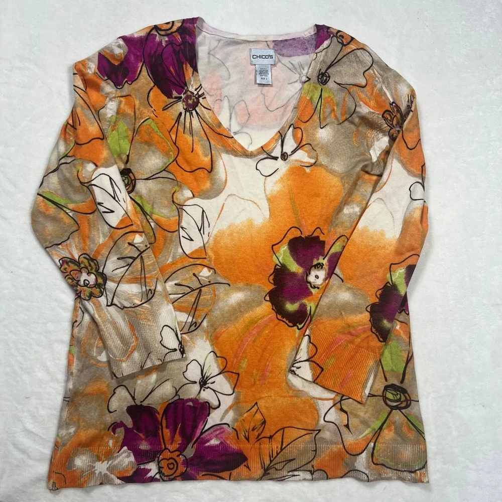 Chico's Silk Blend Floral V-Neck Sweater Colorful Size 2 Large Art to Wear Boho